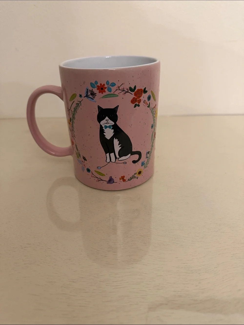 Cynthia Rowley Pink Cat Ceramic Mug with Floral Design